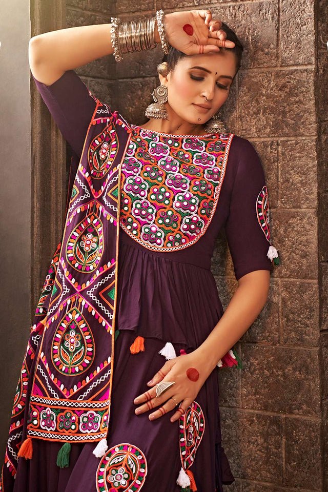 Purple Viscose Rayon Mirror And Thread Embroidered Lehenga Set (ACW7795)