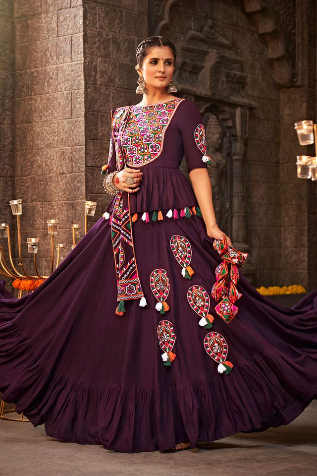 Purple Viscose Rayon Mirror And Thread Embroidered Lehenga Set (ACW7795)