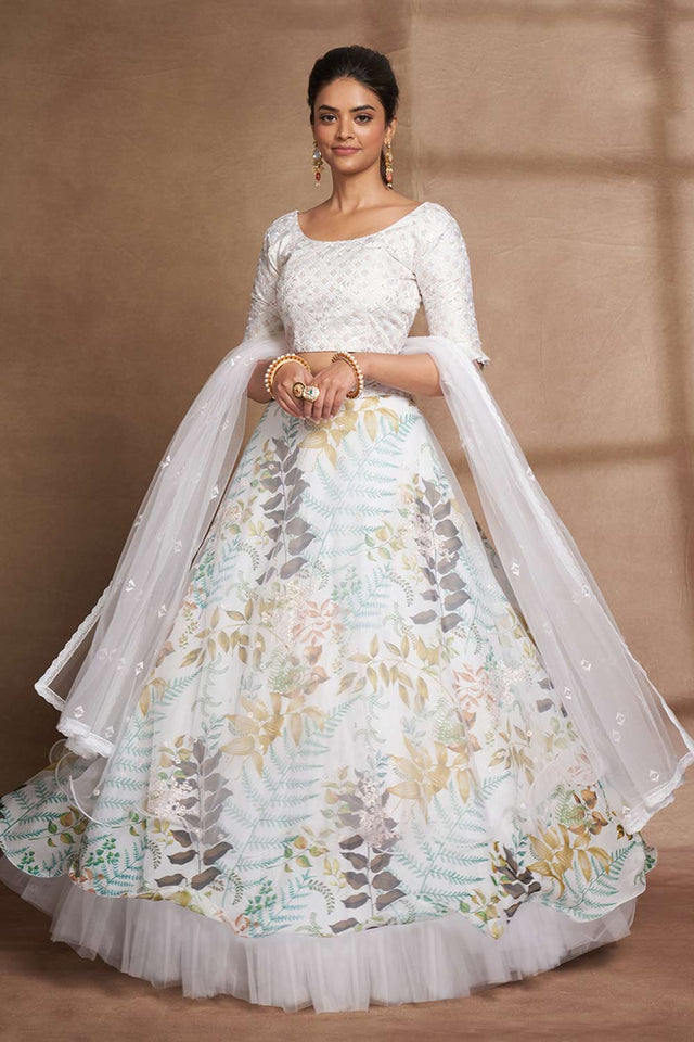 White Organza Printed Lehenga Set (ACW7920)