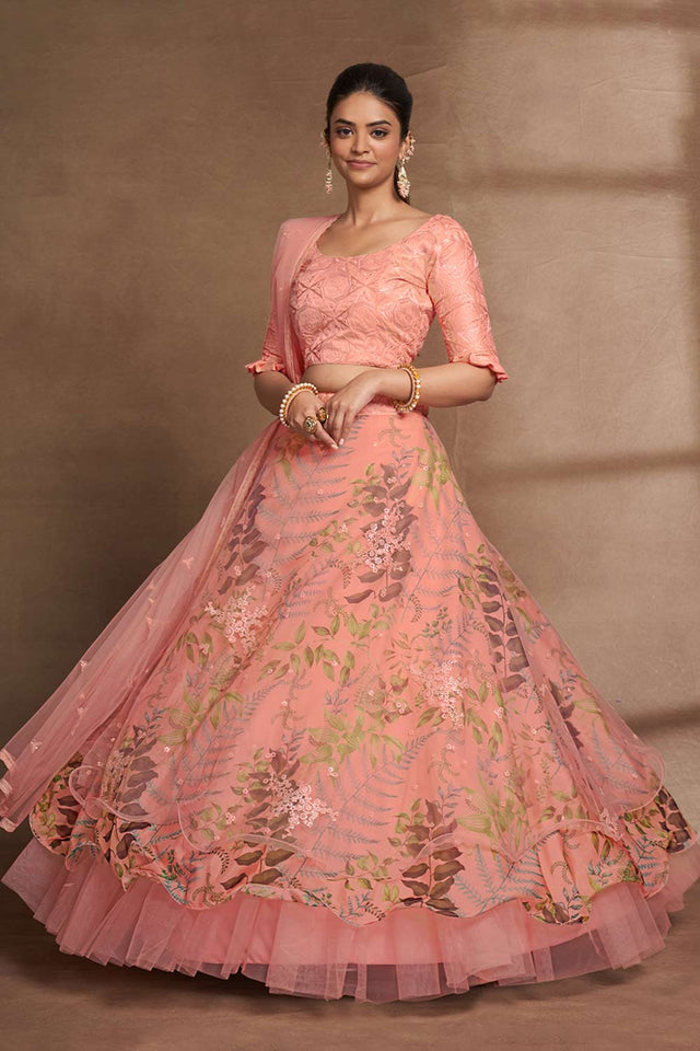 Peach Organza Printed Lehenga Set (ACW7922)
