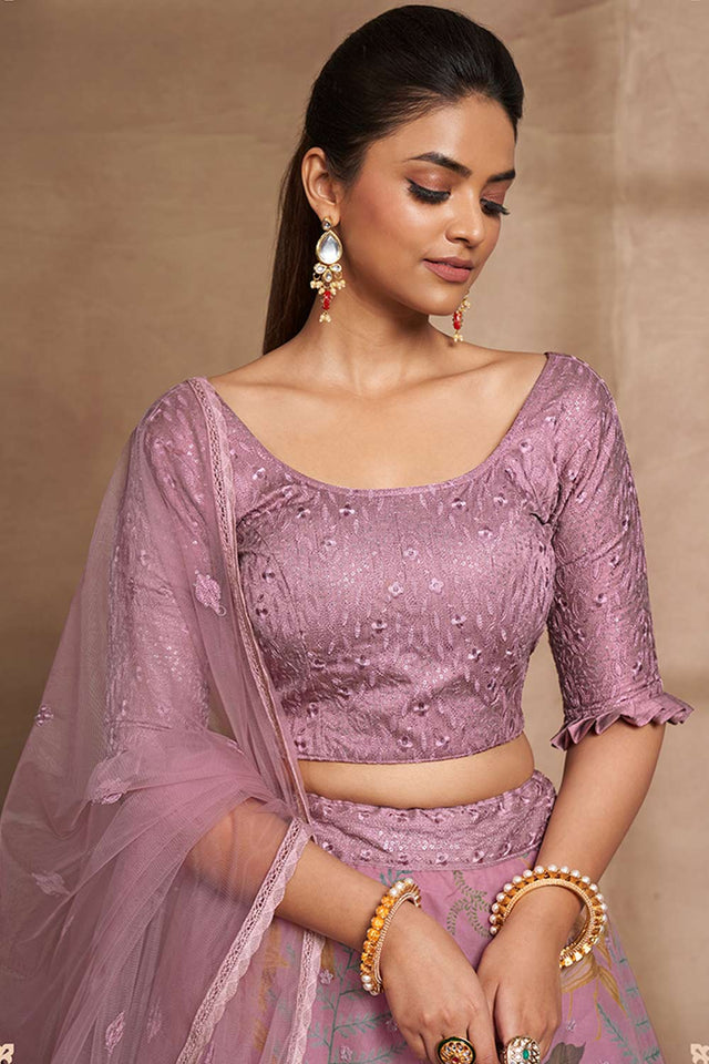 Purple Organza Printed Lehenga Set (ACW7923)