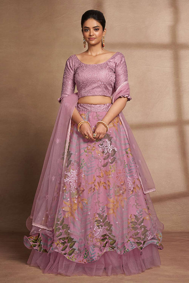 Purple Organza Printed Lehenga Set (ACW7923)