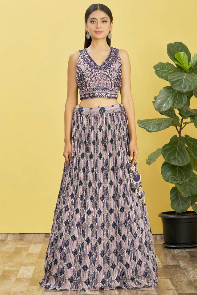 Blue Organza Thread Embroidered Lehenga Set