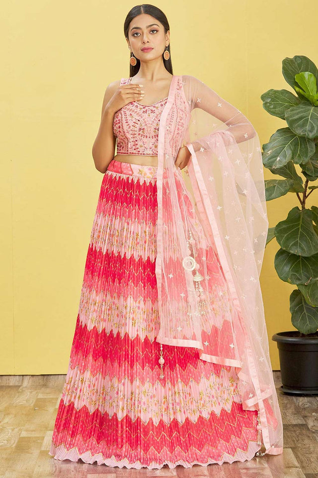 Pink Organza Thread Embroidered Lehenga Set