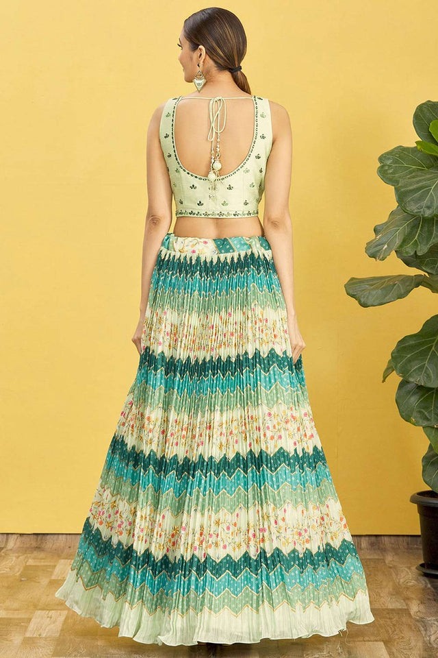 Green Organza Thread Embroidered Lehenga Set