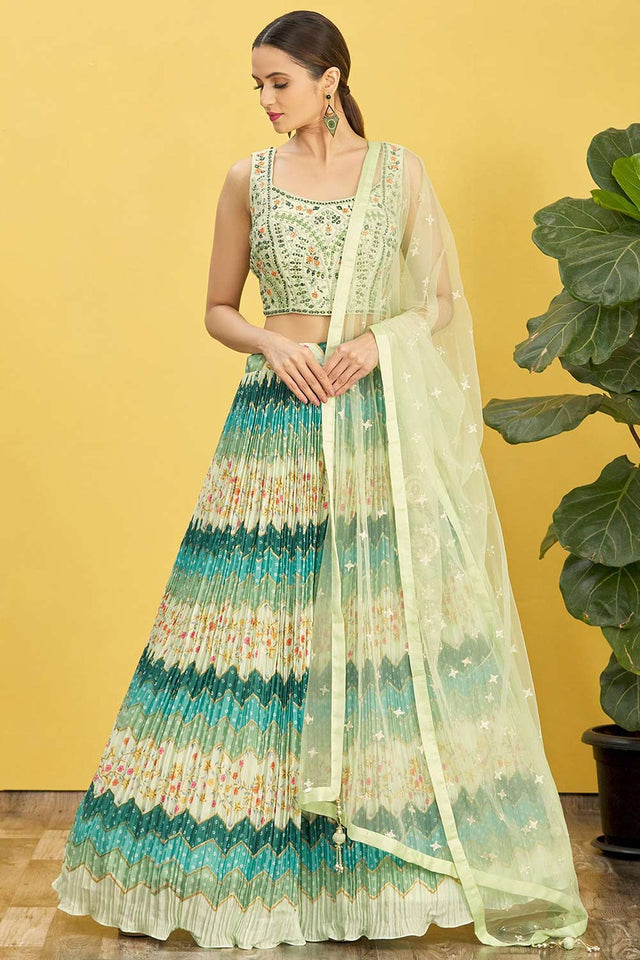 Green Organza Thread Embroidered Lehenga Set