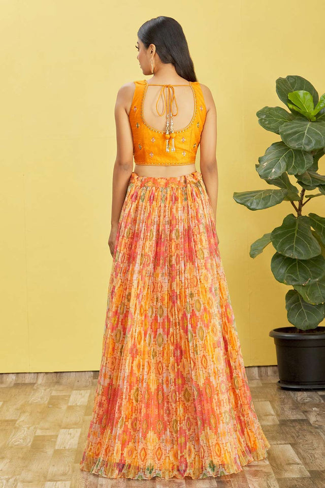 Yellow Chinon Printed Lehenga Set