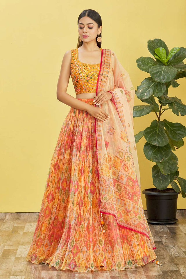 Yellow Chinon Printed Lehenga Set