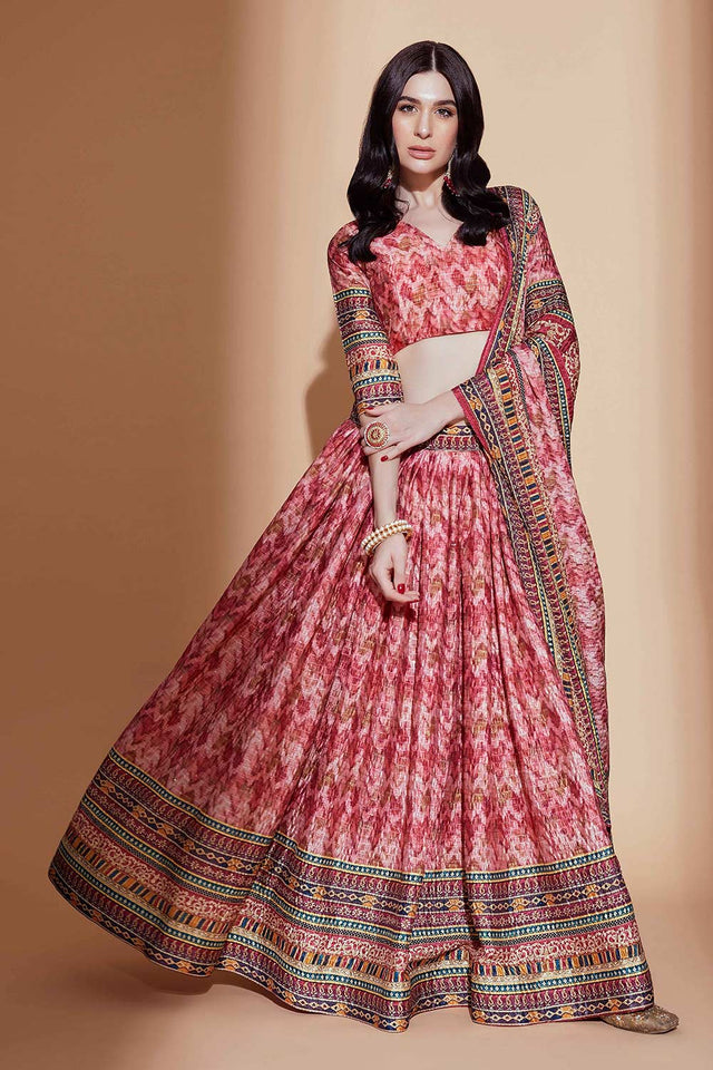 Peach Chinon Crochet Embroidered Lehenga Choli With Dupatta