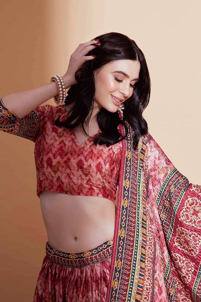 Peach Chinon Crochet Embroidered Lehenga Choli With Dupatta