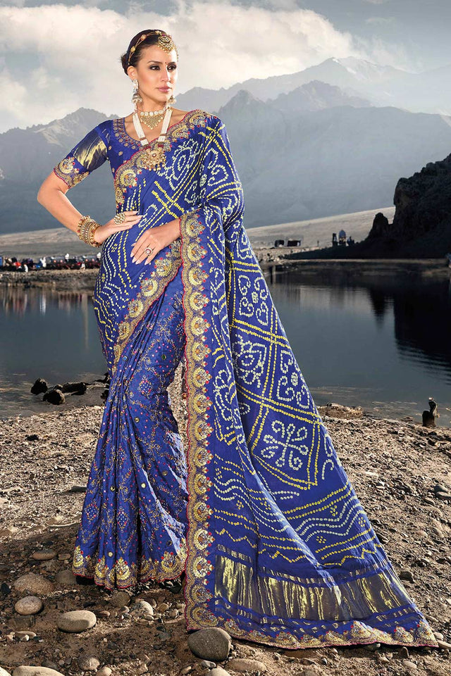 Blue Satin Diamond Work Saree