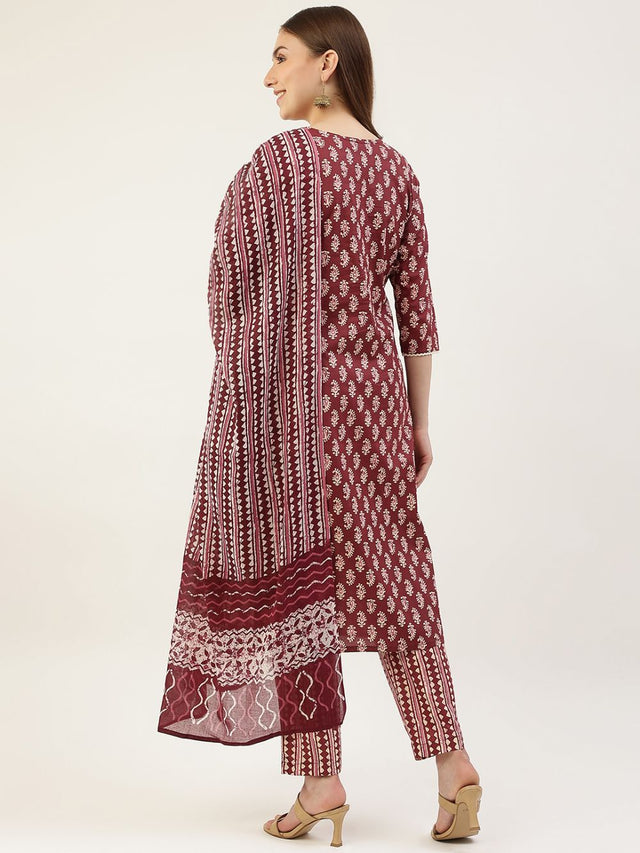 Wine Cotton Printed Suit (ACY1703)