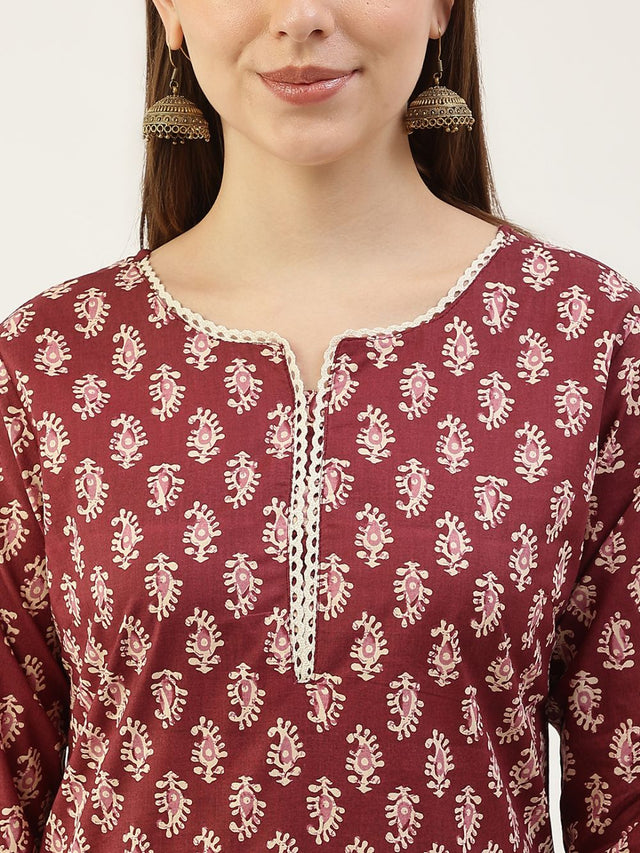 Wine Cotton Printed Suit (ACY1703)