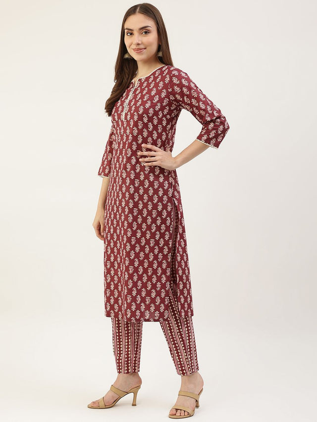 Wine Cotton Printed Suit (ACY1703)