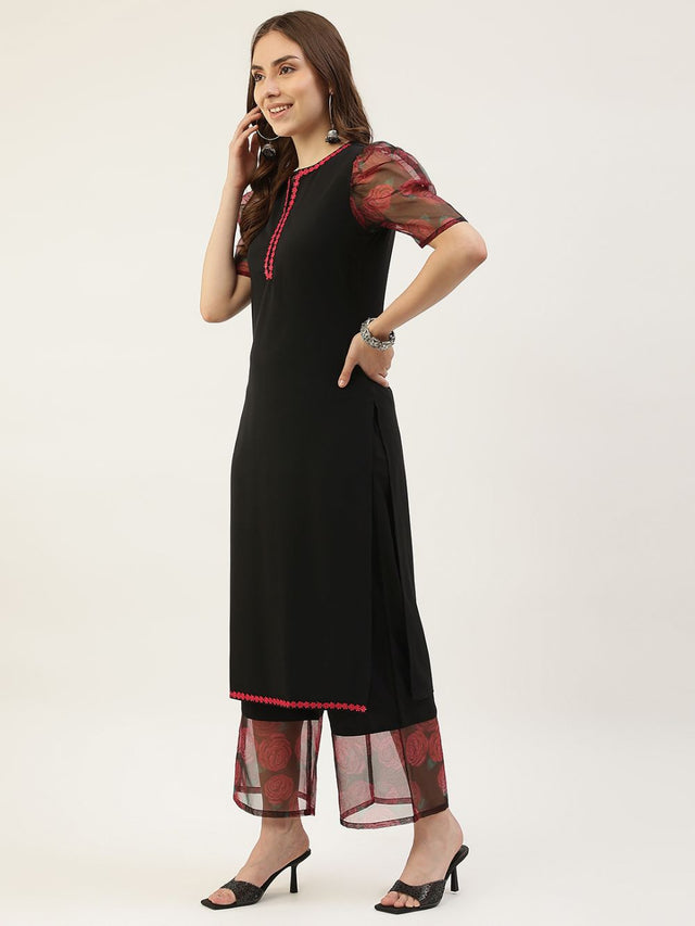 Black Poly Crepe Printed Palazzo Suit Set (ACY1705)