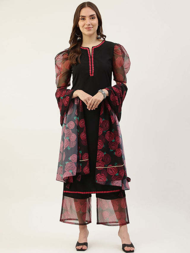 Black Poly Crepe Printed Palazzo Suit Set (ACY1705)