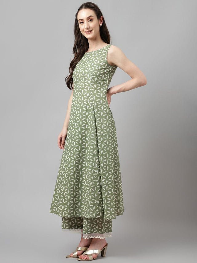 Pista Cotton Printed Anarkali Suit Set