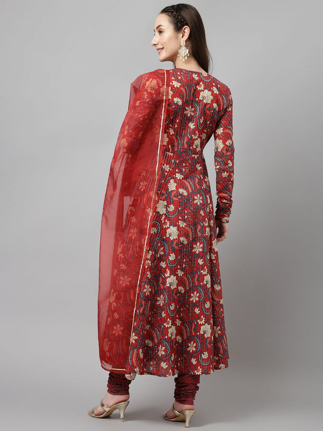 Maroon Cotton Printed Anarkali Suit Set