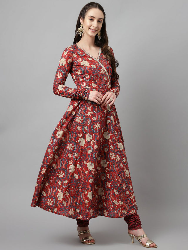 Maroon Cotton Printed Anarkali Suit Set