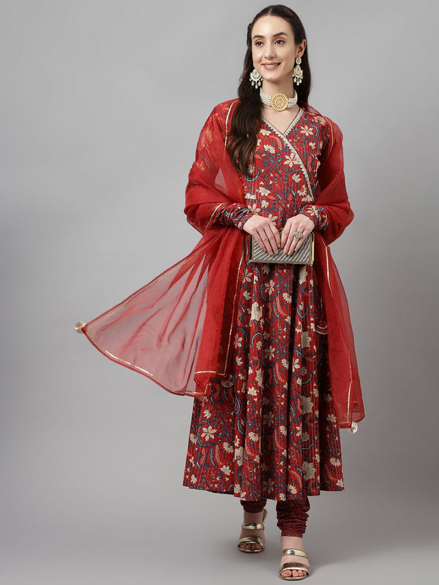 Maroon Cotton Printed Anarkali Suit Set