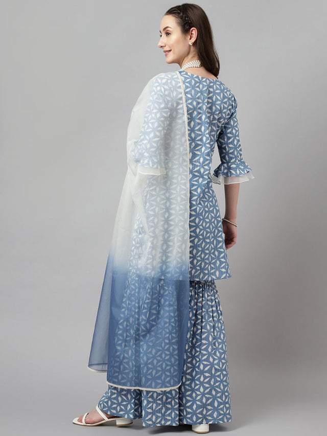 Blue Cotton Printed Sharara Suit Set