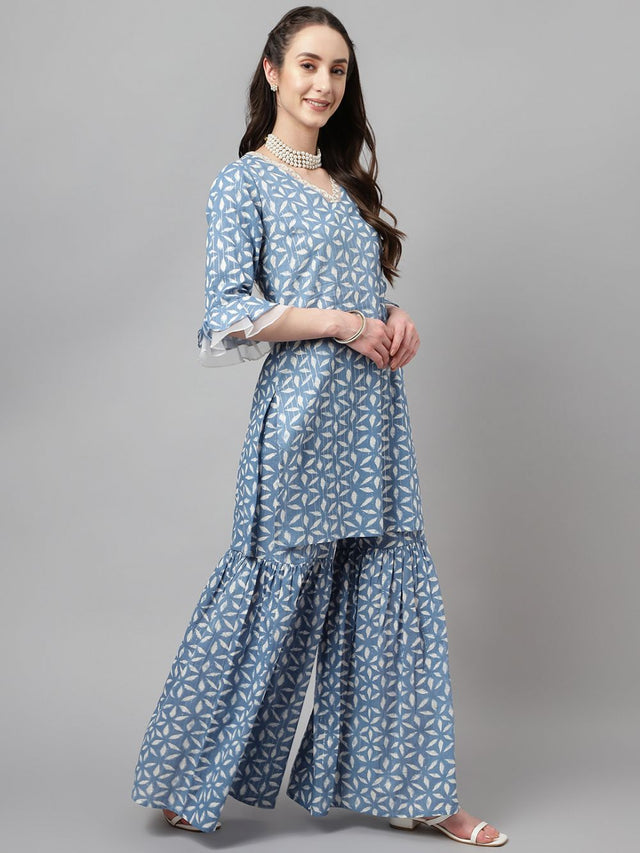 Blue Cotton Printed Sharara Suit Set