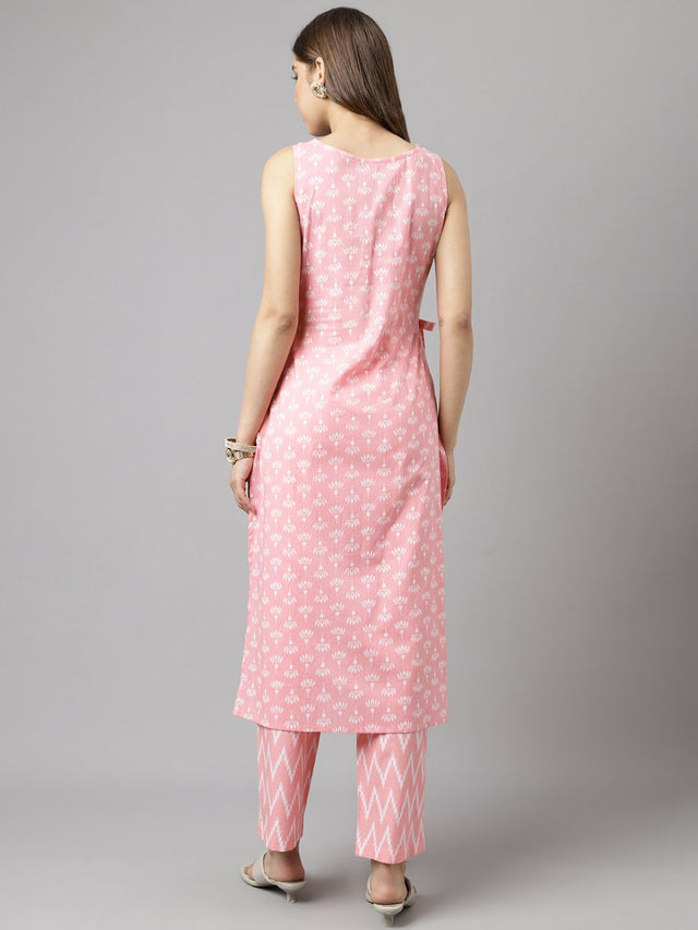 Pink Cotton Printed Kurti Pant Set