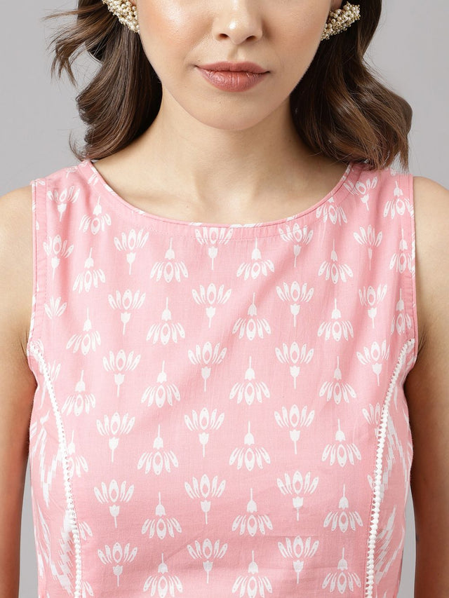 Pink Cotton Printed Kurti Pant Set