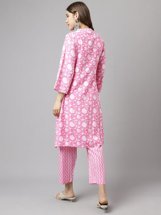 Pink Cotton Printed Kurti Pant Set