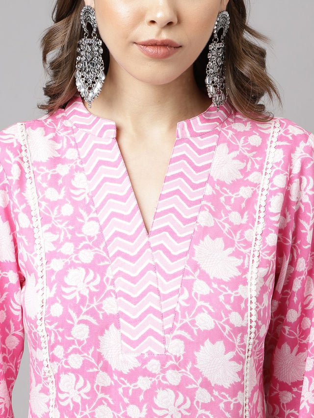 Pink Cotton Printed Kurti Pant Set