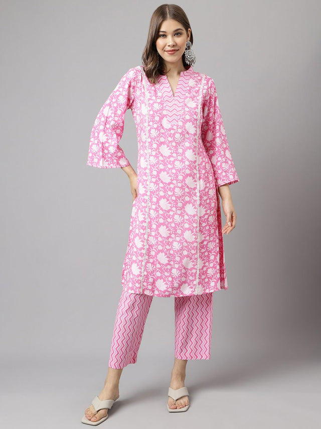 Pink Cotton Printed Kurti Pant Set