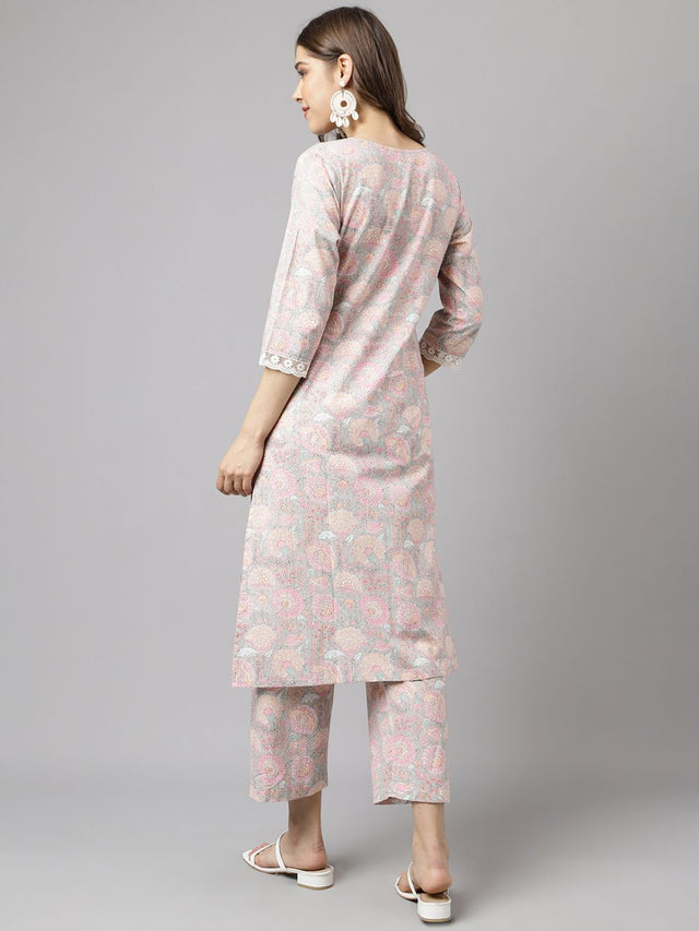 Pink Cotton Printed Kurti Pant Set