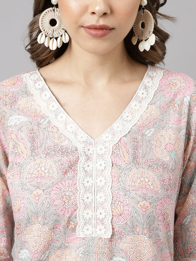Pink Cotton Printed Kurti Pant Set