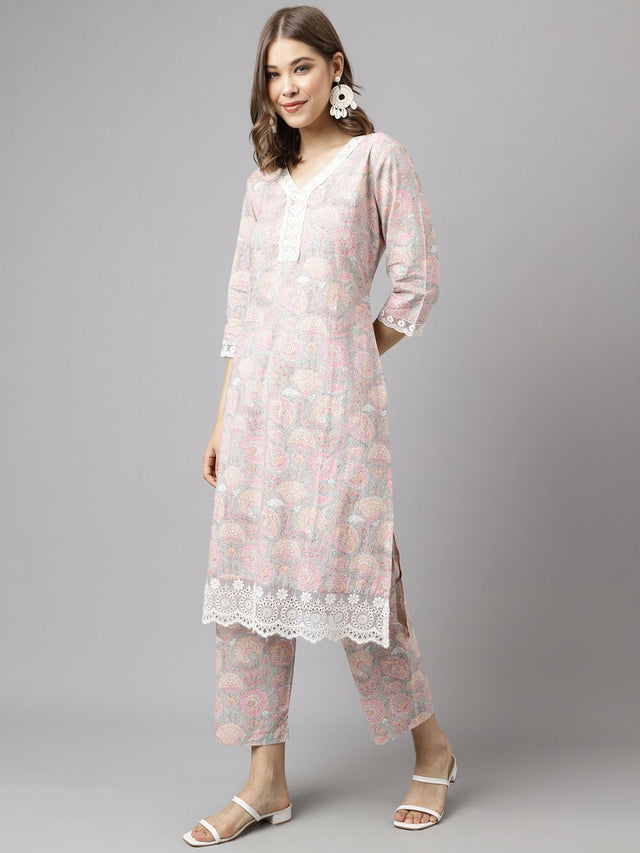 Pink Cotton Printed Kurti Pant Set