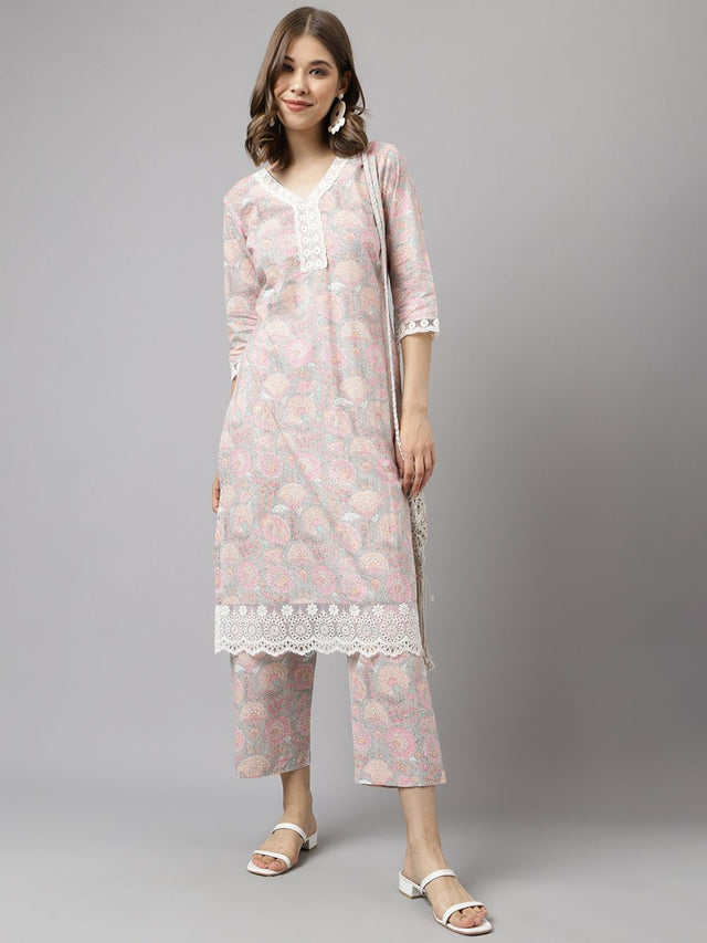 Pink Cotton Printed Kurti Pant Set