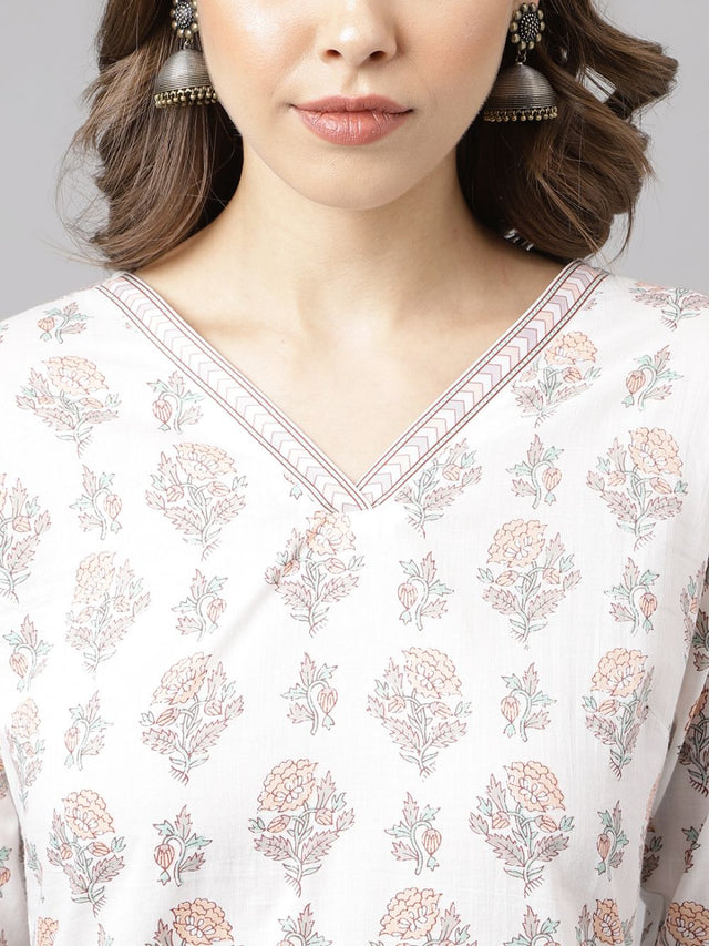 White Cotton Printed Kurti Pant Set