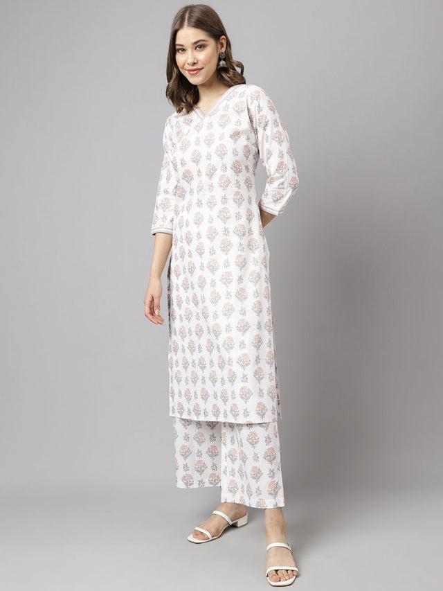 White Cotton Printed Kurti Pant Set