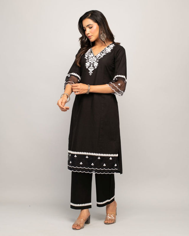 Black Cotton Embroidered Kurti Pant Set