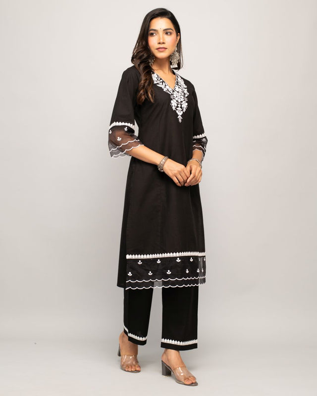 Black Cotton Embroidered Kurti Pant Set