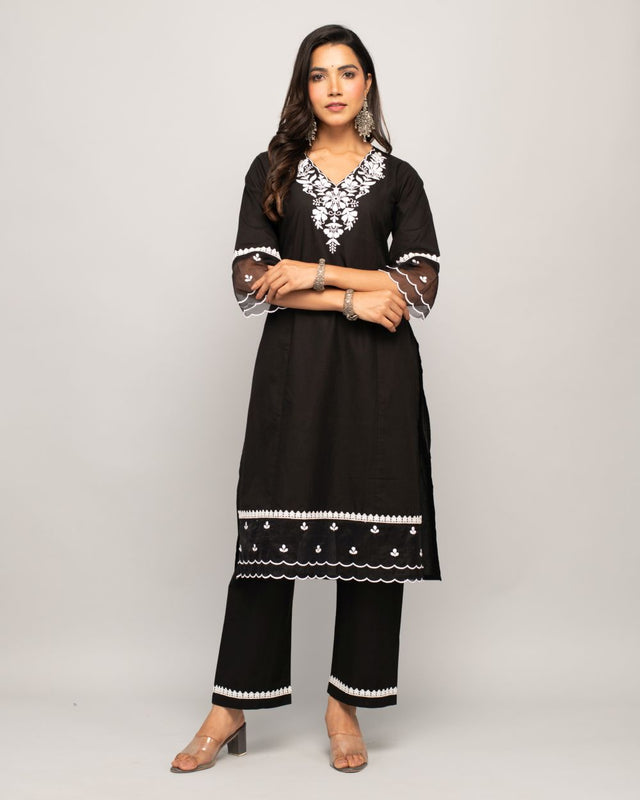 Black Cotton Embroidered Kurti Pant Set