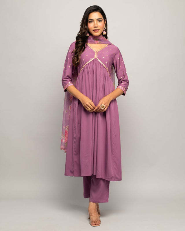Purple Crepe Printed Anarkali Suit Set