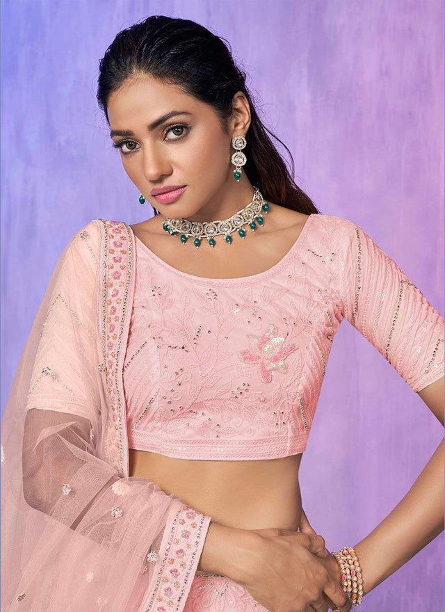 Peach Net Embroidered Lehenga Choli