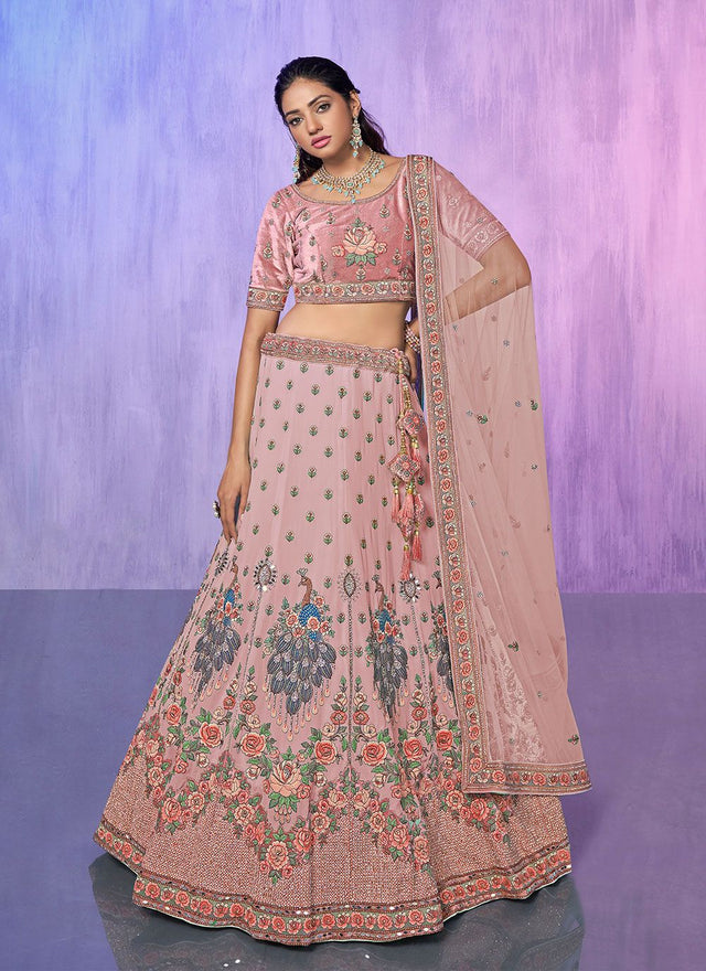 Peach Georgette Embroidered Lehenga Choli