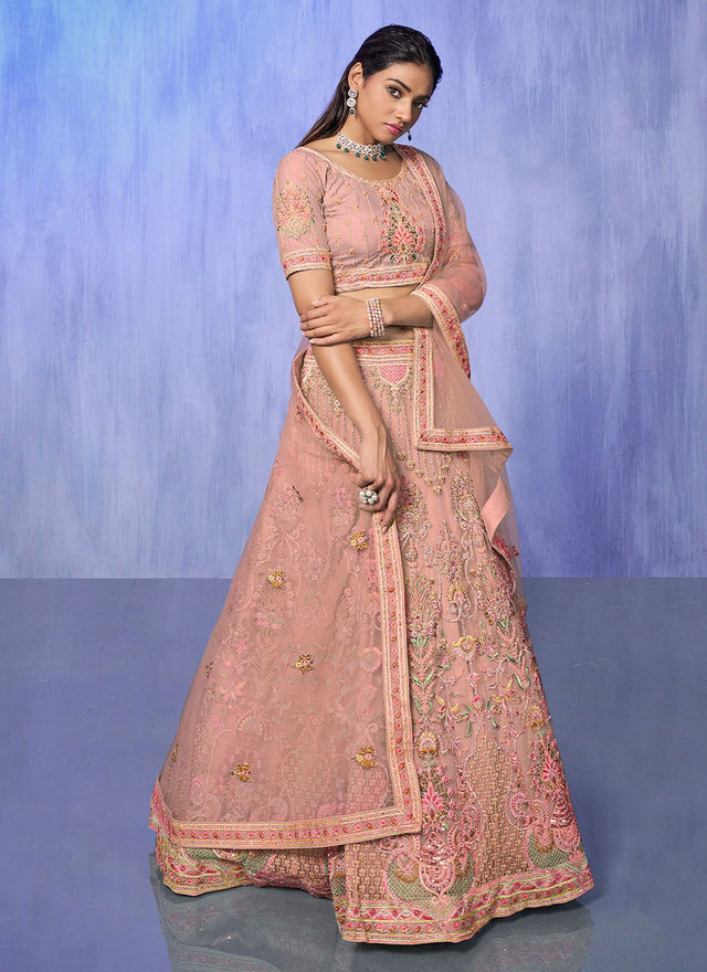 Peach Net Embroidered Lehenga Choli