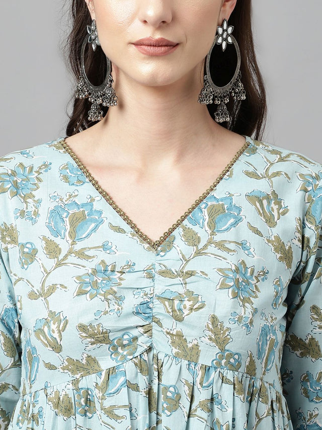 Sky Blue Cotton Printed Top With Bottom