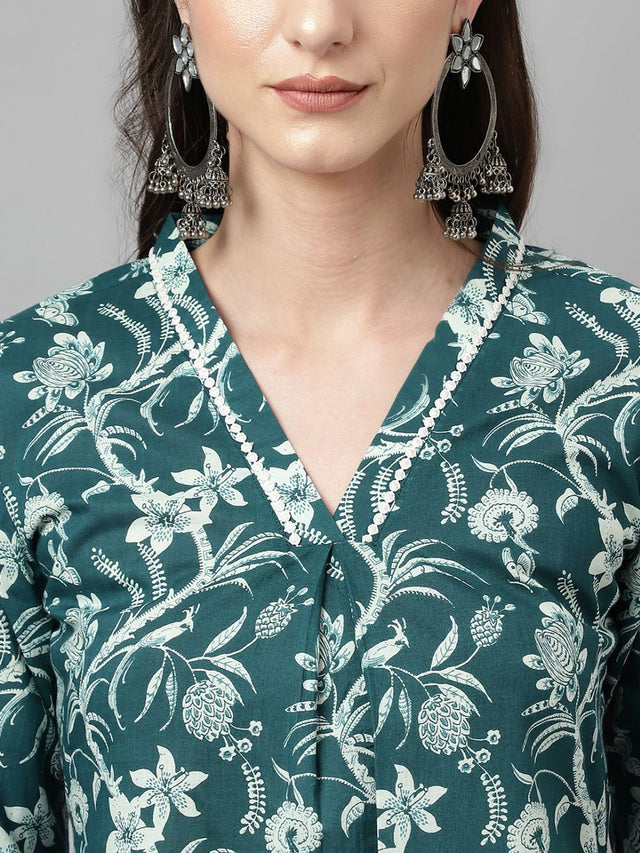Green Cotton Printed Top With Bottom
