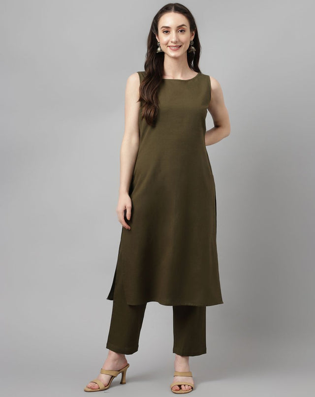 Green Rayon Solid Top With Bottom