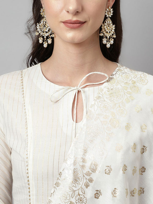 White Cotton Printed Anarkali Suit Set