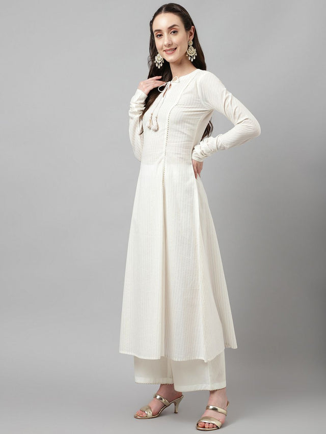 White Cotton Printed Anarkali Suit Set