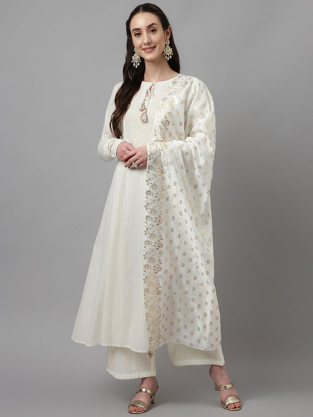 White Cotton Printed Anarkali Suit Set